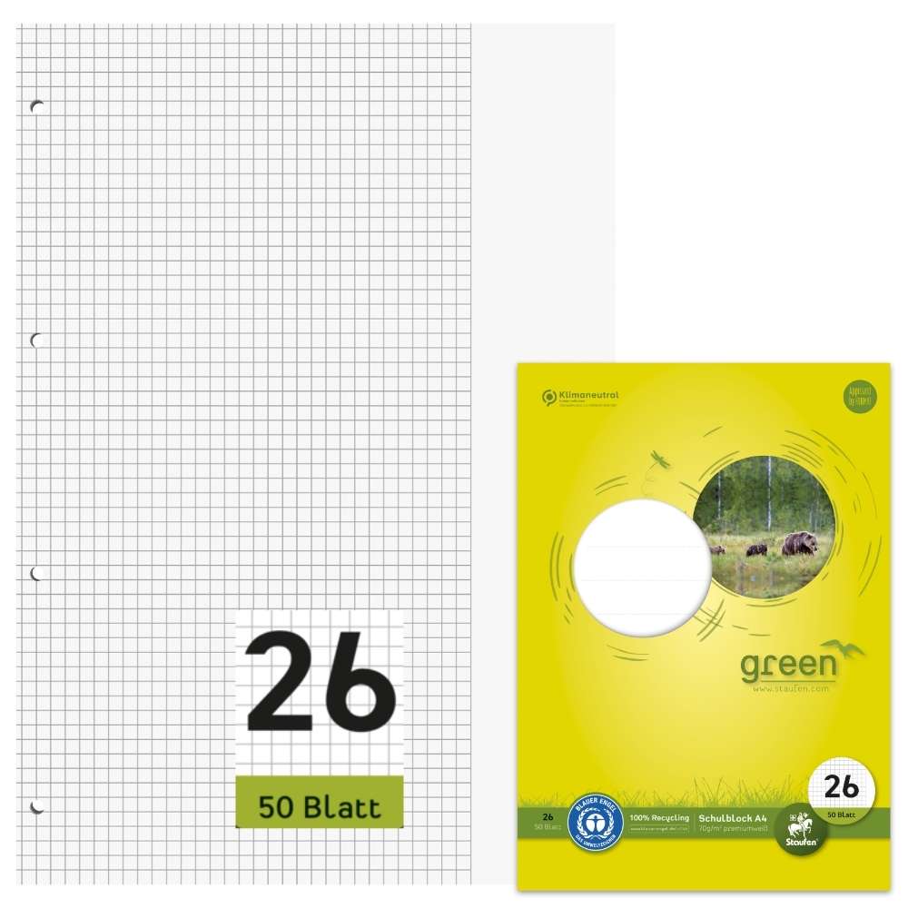 Schulblock Blauer Engel, Lineatur 26, DIN A4, gelocht