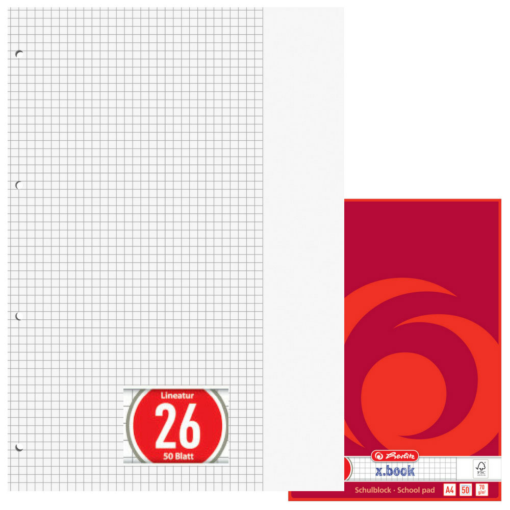 Schulblock kariert mit Rand, gelocht (A4, Lineatur 26, Herlitz)