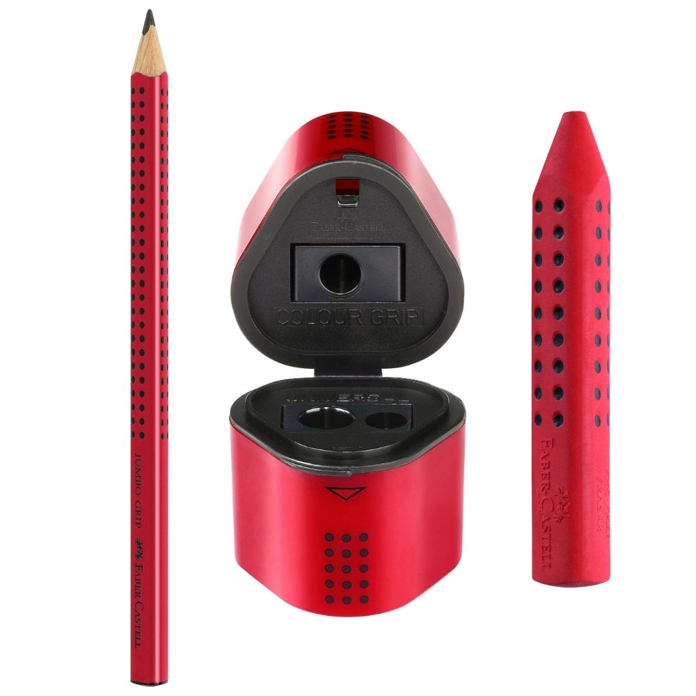 Jumbo Grip Set Faber-Castell, rot: Dicker Bleistift, Radierer, Spitzdose