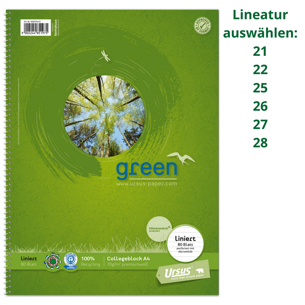 Collegeblock Recycling A4, verschiedene Lineaturen