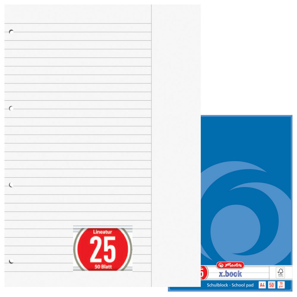 Schulblock liniert mit Rand, gelocht (A4, Lineatur 25, Herlitz)