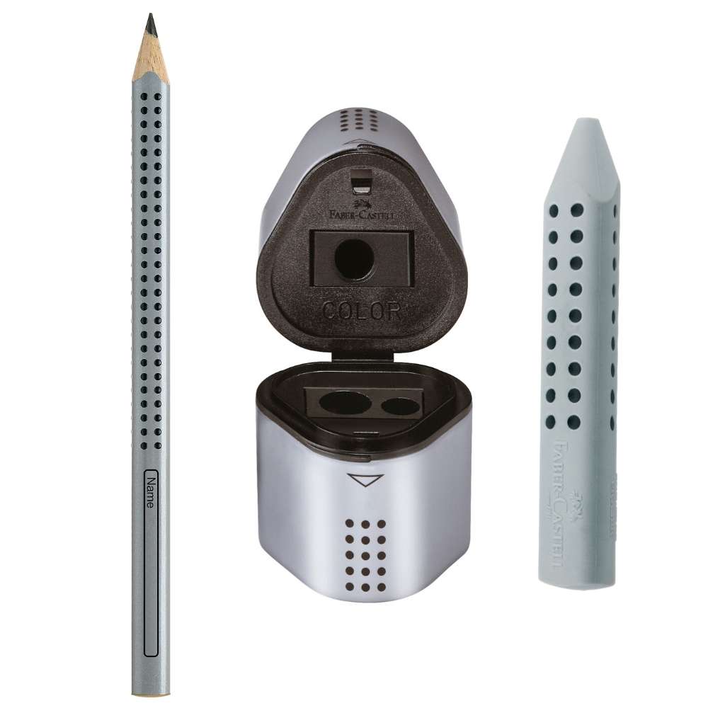Jumbo Grip Set Faber-Castell, silber: Dicker Bleistift, Radierer, Spitzdose