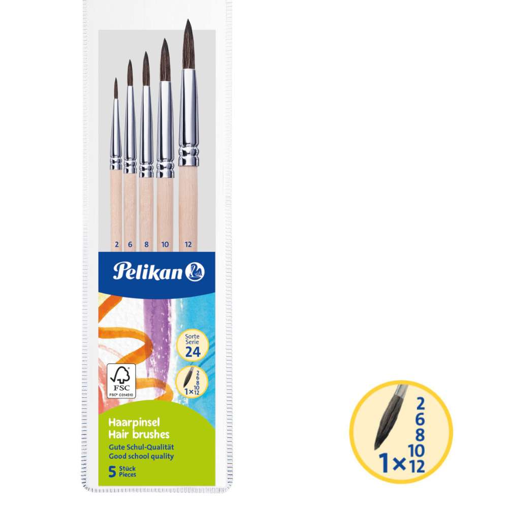 Pinselset Haarpinsel, 5 Stück (Stärke 2, 6, 8, 10, 12), Pelikan