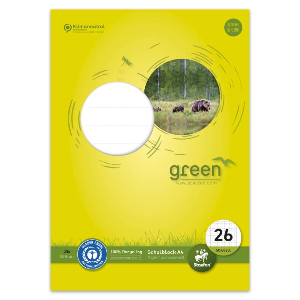 Schulblock Blauer Engel, Lineatur 26, DIN A4, gelocht