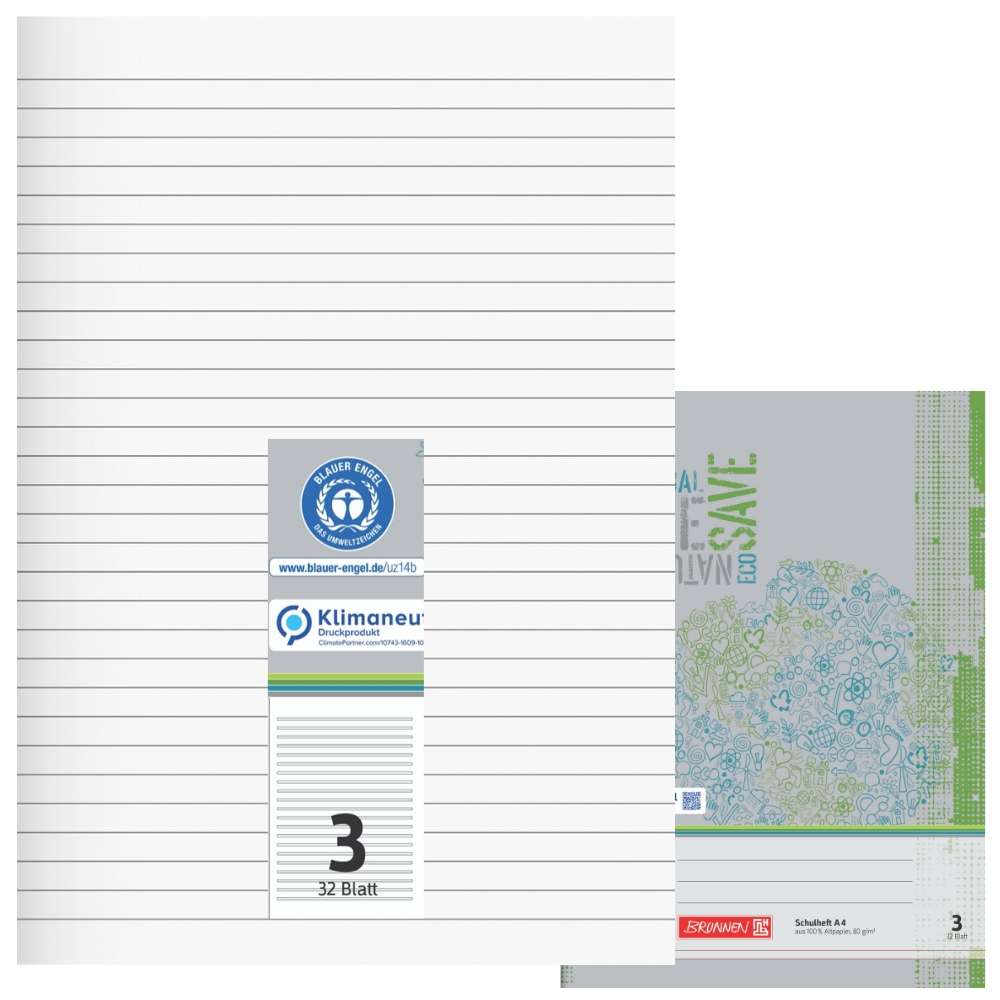 Recycling Doppelheft A4, Lineatur 3, Brunnen