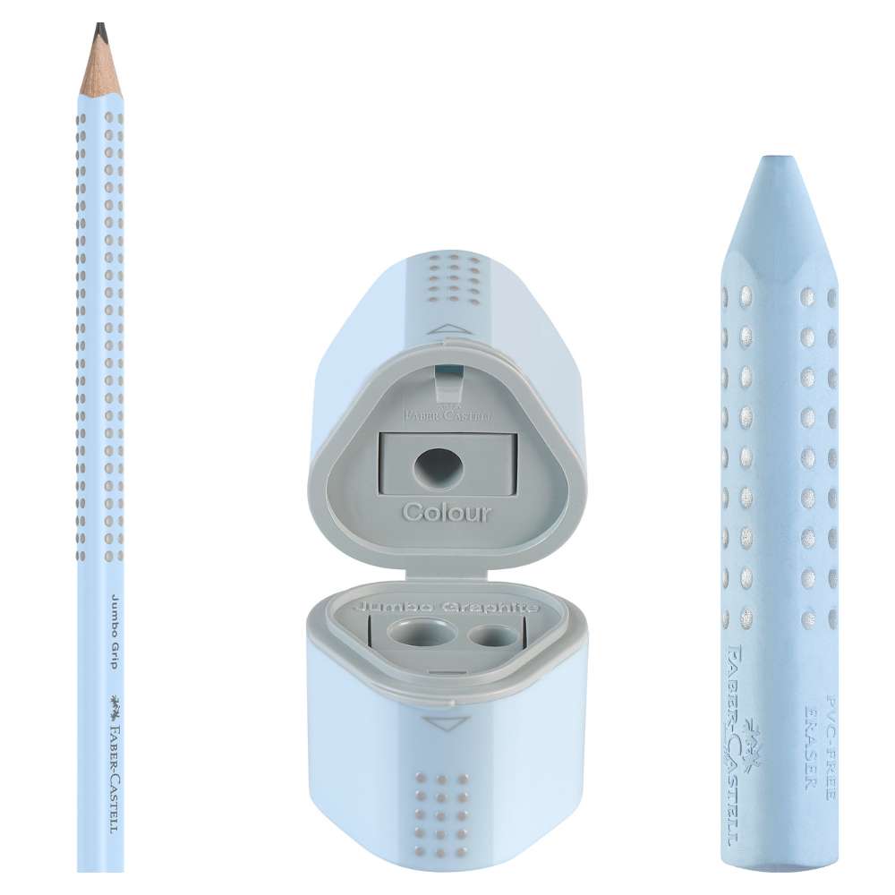 Jumbo Grip Set Faber-Castell, skyblue: Dicker Bleistift, Radierer, Spitzdose