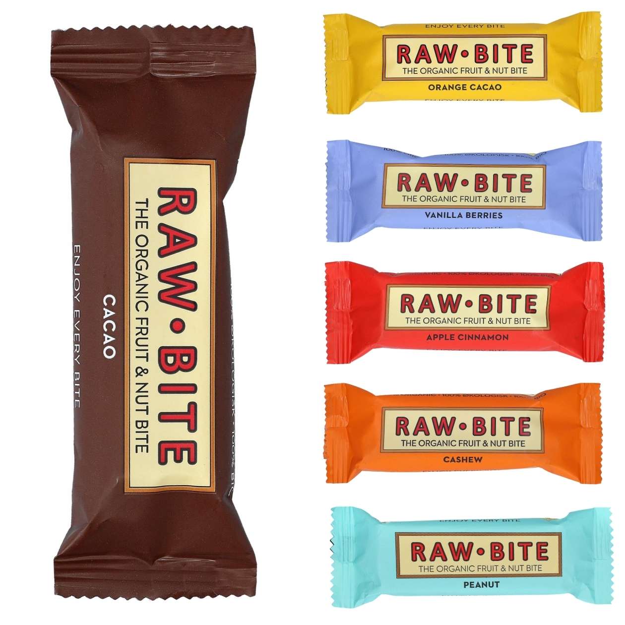Raw Bite Riegel, verschiedene Sorten