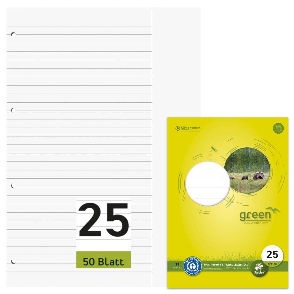 Schulblock Blauer Engel, Lineatur 25, DIN A4, gelocht