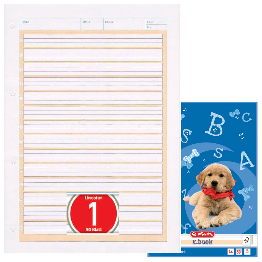 Herlitz Arbeitsblock Lineatur 1, 50 Blatt gelocht, A4
