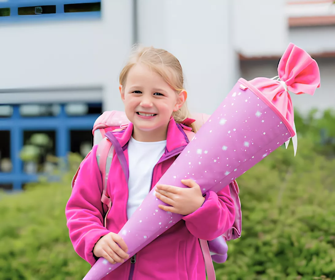 Eine Erstklässlerin hält eine pinke Schultüte und lächelt stolz.