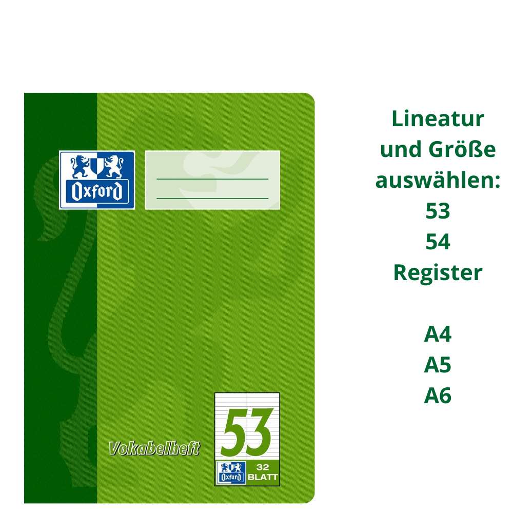Vokabelheft Oxford, verschiedene Formate und Lineaturen
