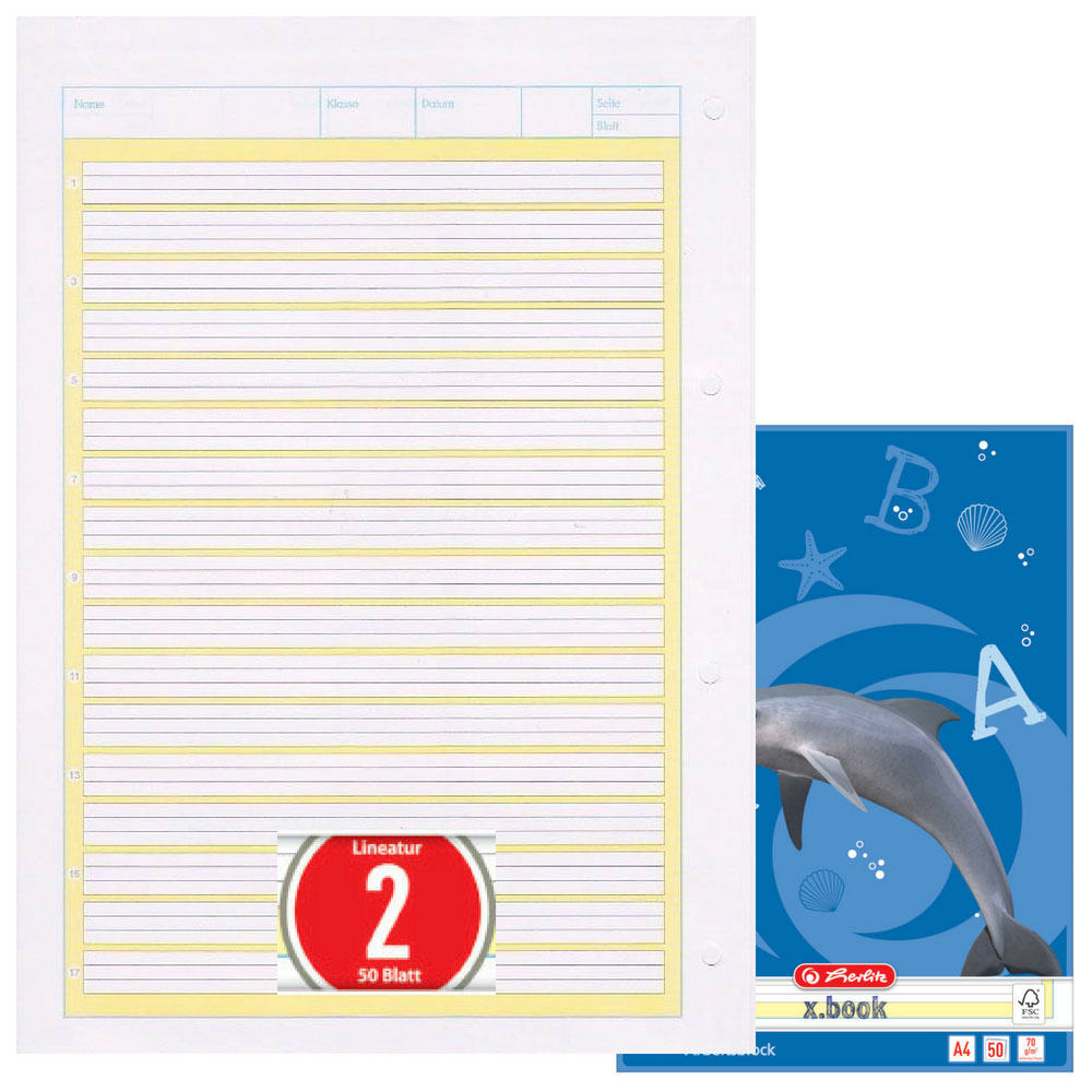Herlitz Arbeitsblock Lineatur 2, 50 Blatt gelocht, A4