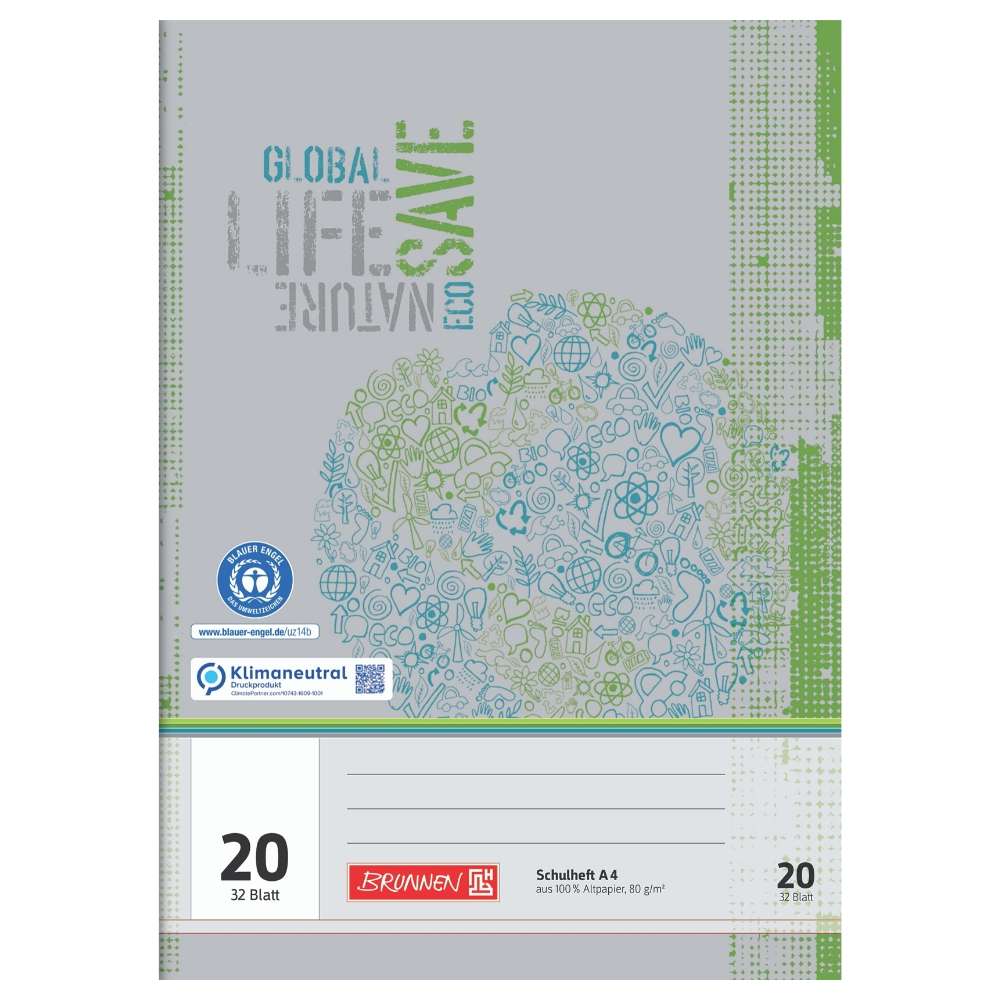 Recycling Doppelheft A4, Lineatur 20, Brunnen
