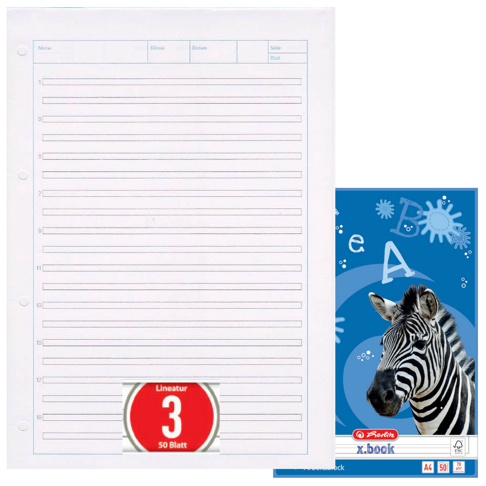 Herlitz Arbeitsblock Lineatur 3, 50 Blatt gelocht, A4