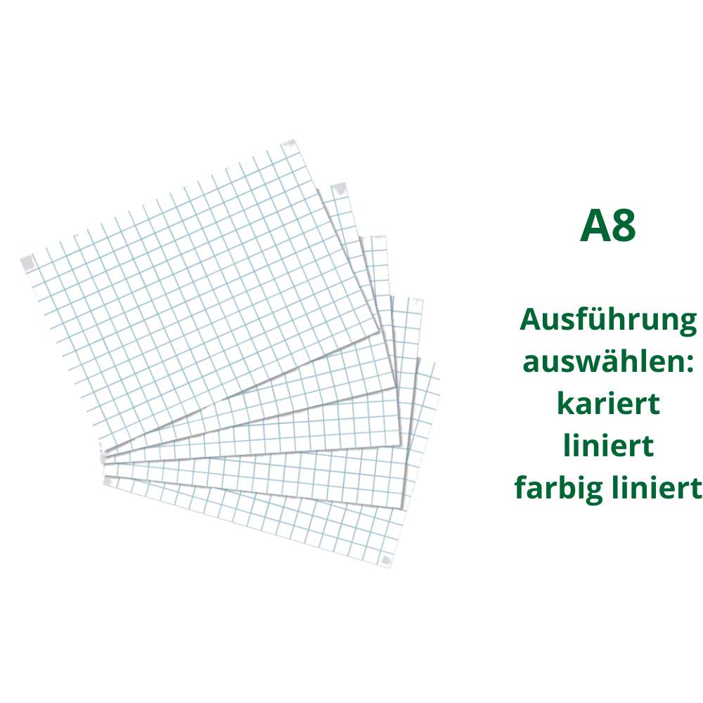 Karteikarten A8, 100er Packung, verschiedene Lineaturen
