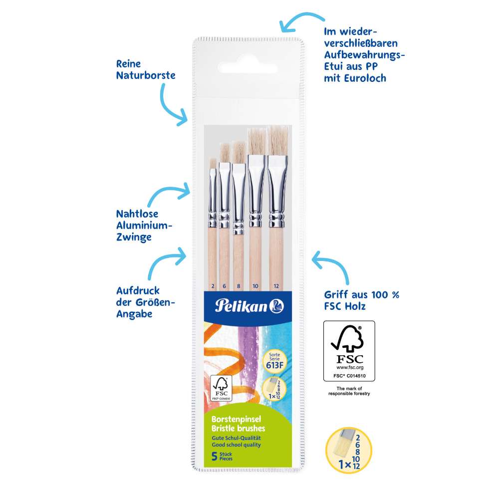 Pinselset Borstenpinsel, 5 Stück (Stärke 2, 6, 8, 10, 12), Pelikan