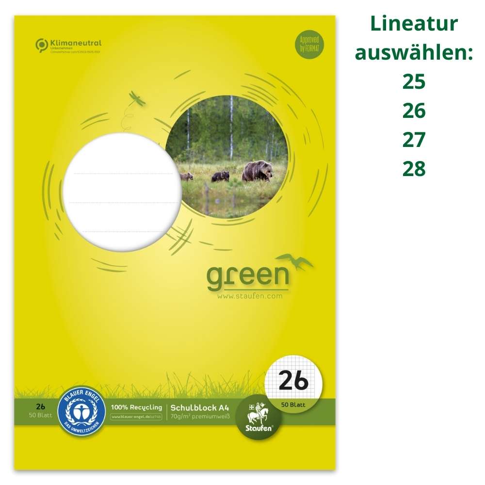 Schulblock Blauer Engel, verschiedene Lineaturen, DIN A4, gelocht