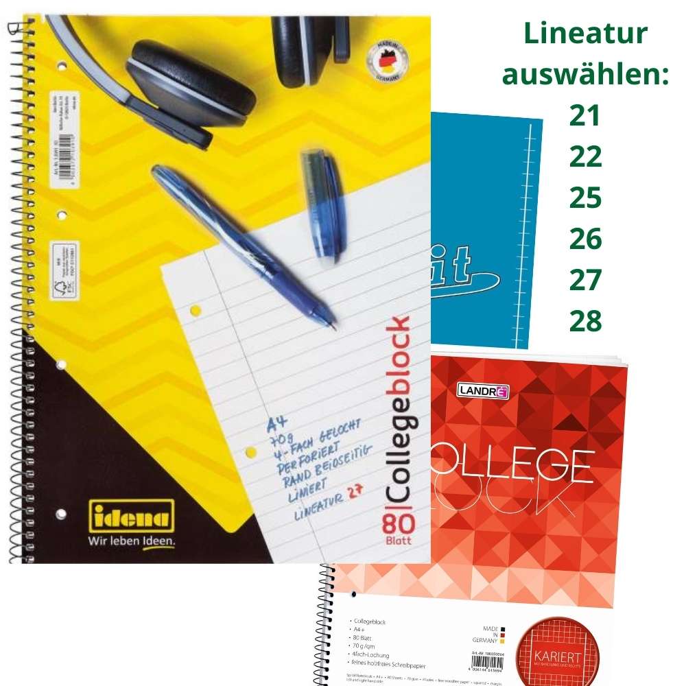 Collegeblock, verschiedene Lineaturen, 80 Blatt