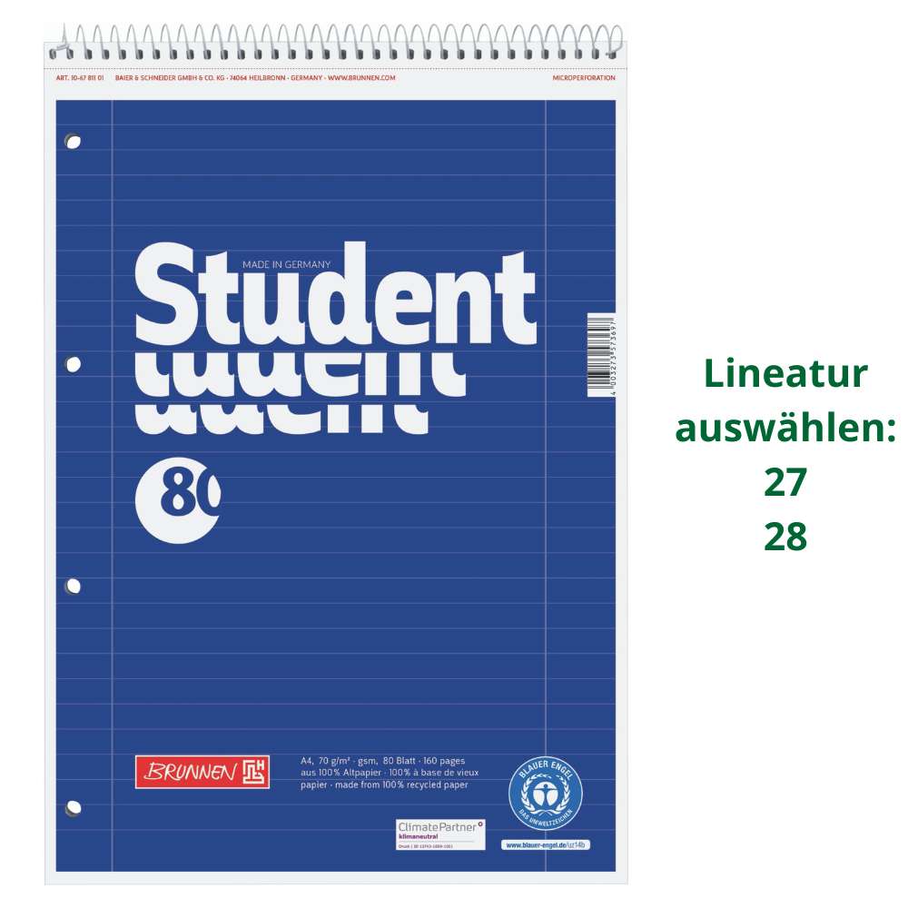 Collegeblock Recycling Kopfspirale, Brunnen, verschiedene Lineaturen