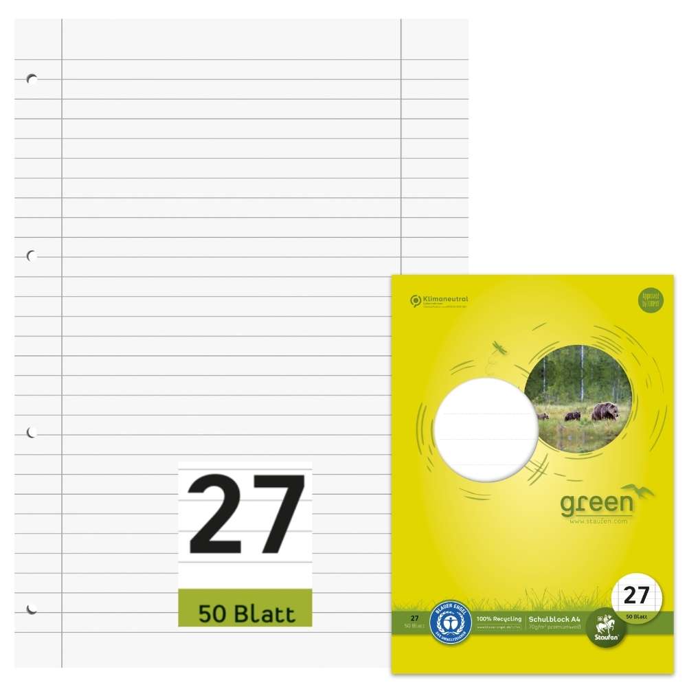 Schulblock Blauer Engel, Lineatur 27, DIN A4, gelocht