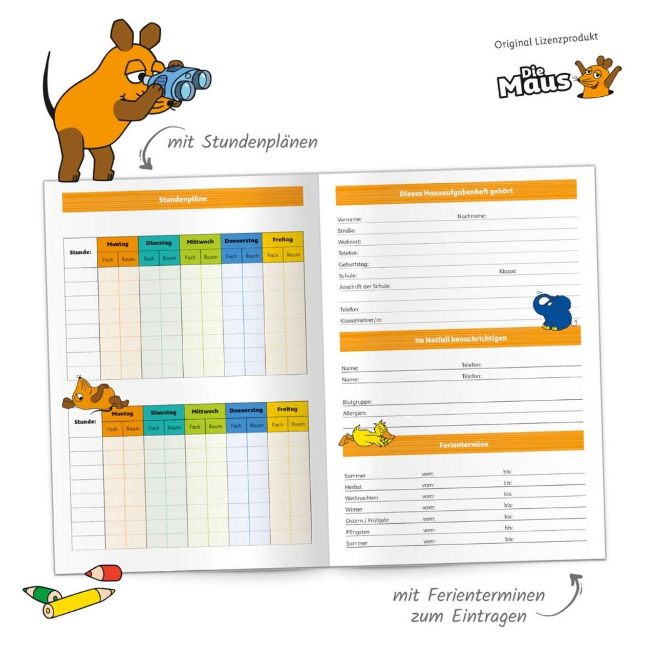DIE MAUS Hausaufgabenheft, mit Tagesfarben