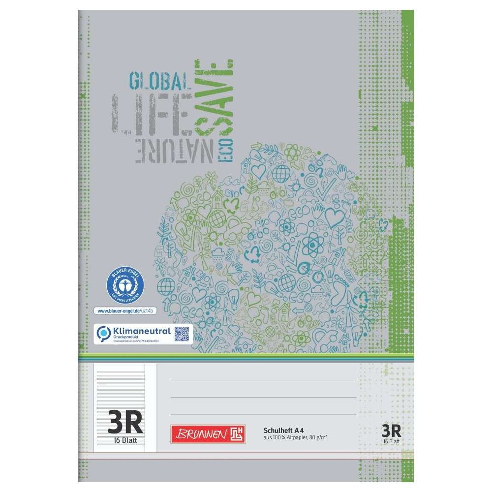 Schulhefte Blauer Engel: Lineatur 3R, A4, Brunnen