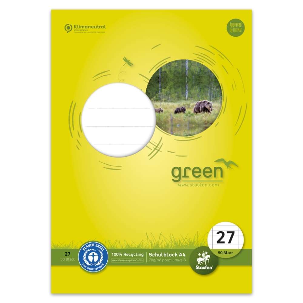 Schulblock Blauer Engel, Lineatur 27, DIN A4, gelocht