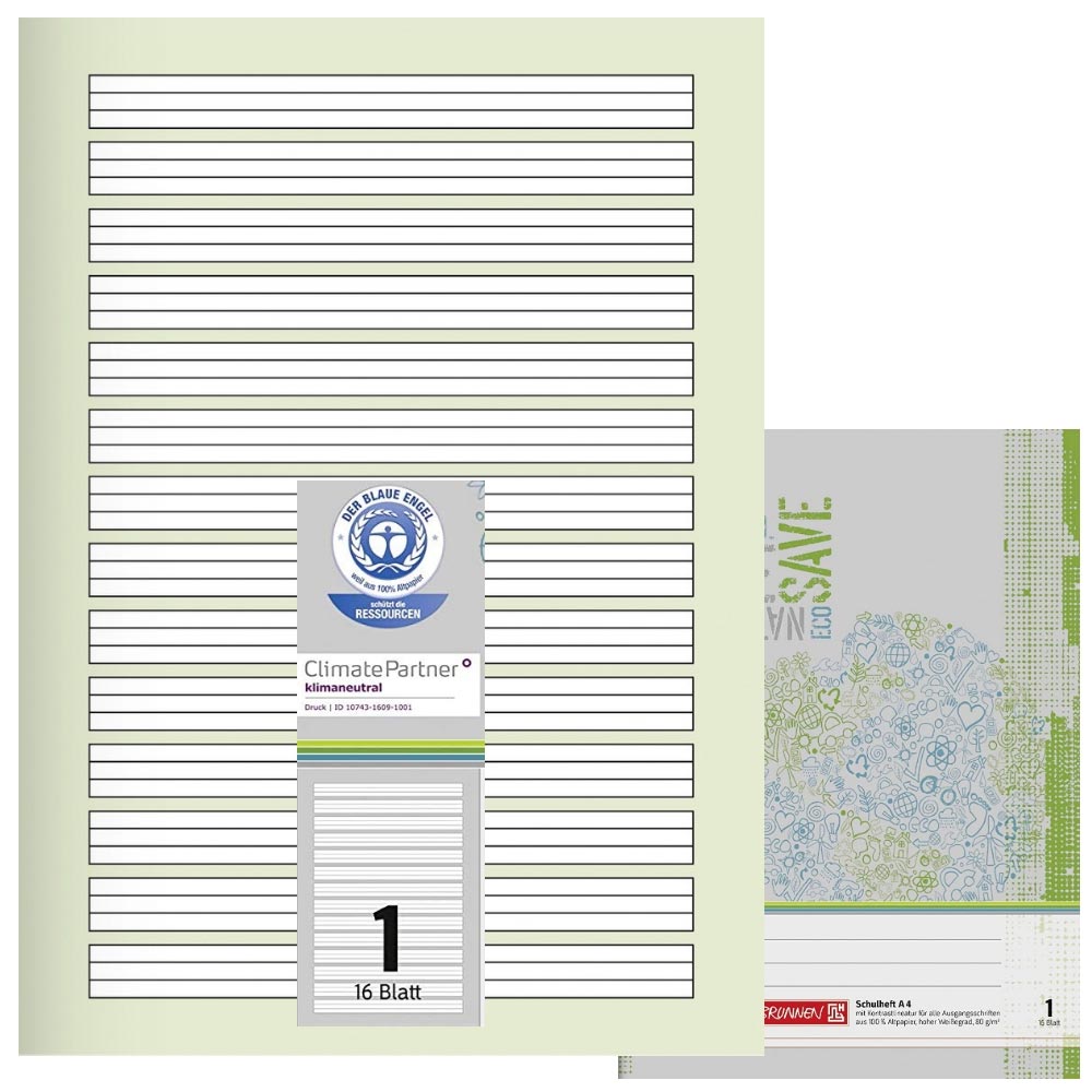 Schulhefte Blauer Engel: Lineatur 1, A4, Brunnen