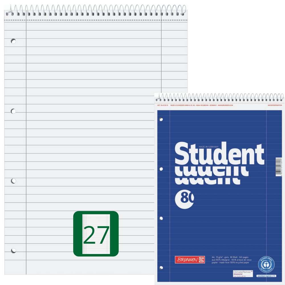 Collegeblock Recycling Kopfspirale, Lineatur 27, Brunnen