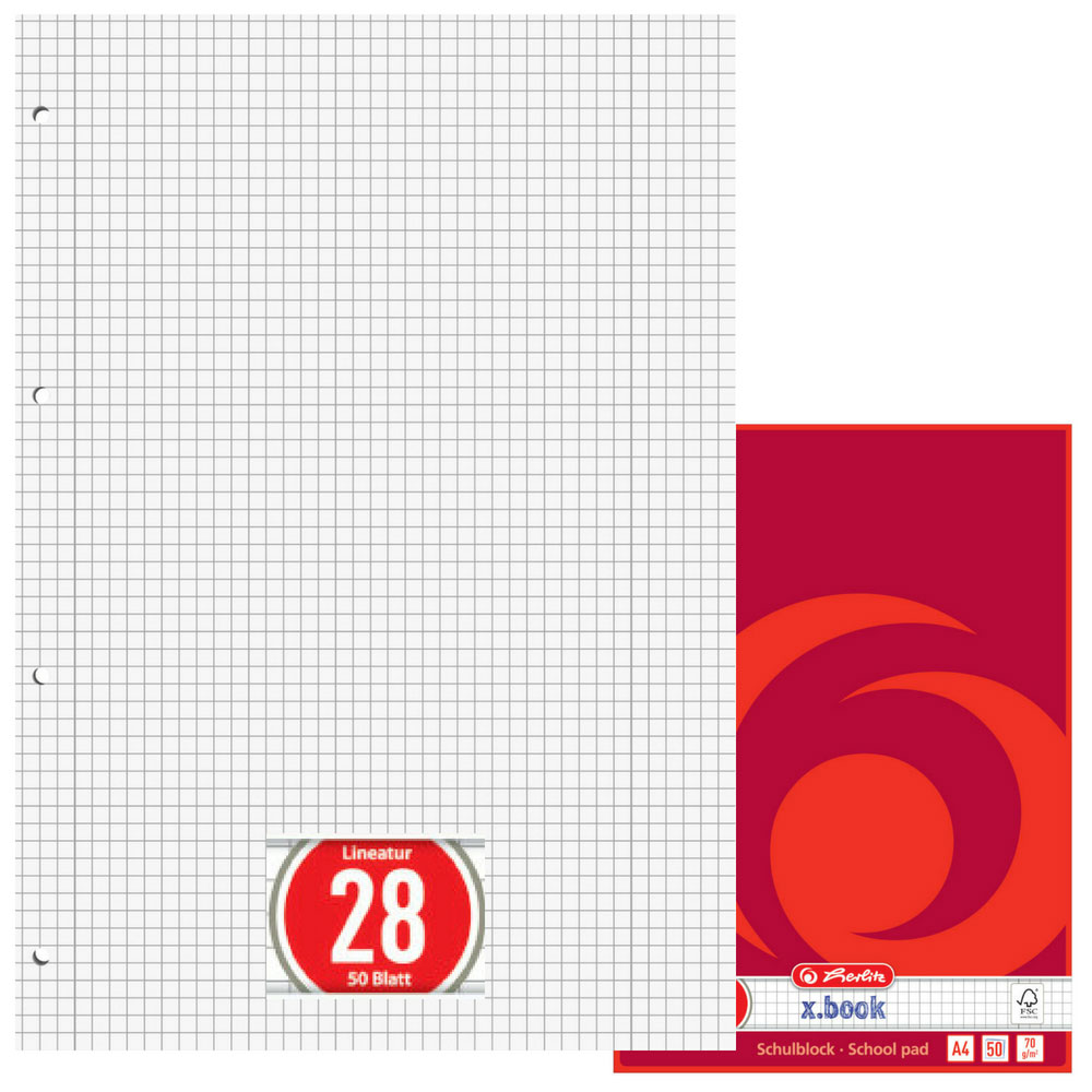 Schulblock kariert mit Doppelrand, gelocht (A4, Lineatur 28, Herlitz)