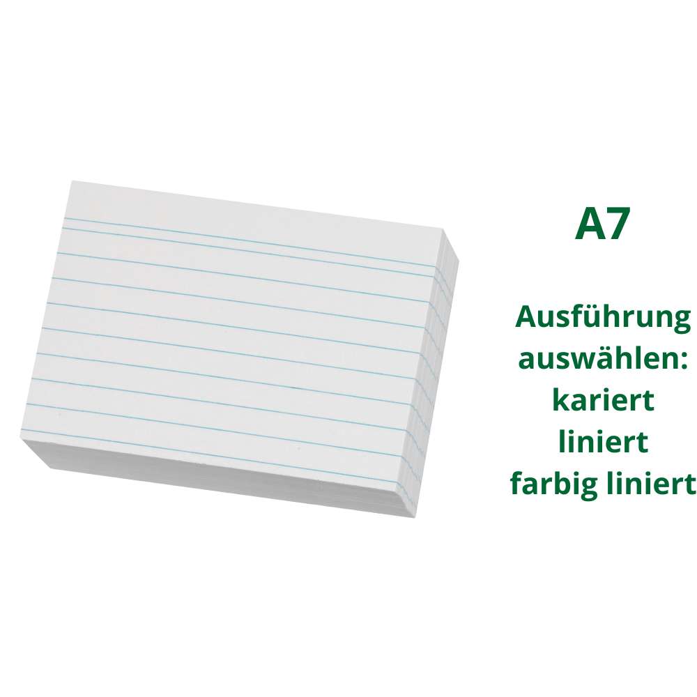 Karteikarten A7, 100er Packung, verschiedene Lineaturen