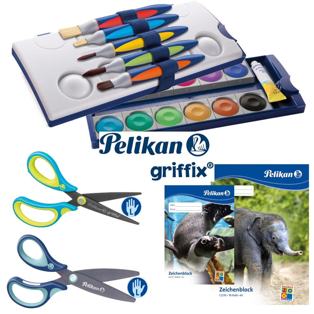 Pelikan griffix Set XL, links: Farbkasten, griffix Pinsel+Scheren, und mehr
