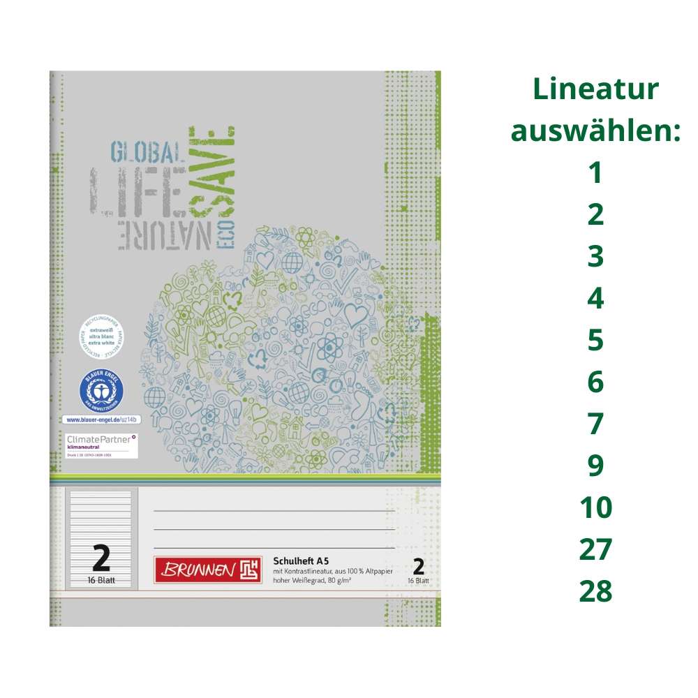 Recyclinghefte A5, Brunnen, verschiedene Lineaturen