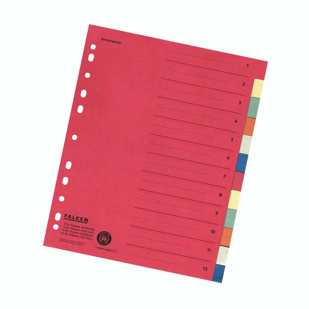 Kartonregister A4 überbreit, 12-teilig, Blauer Engel, Falken