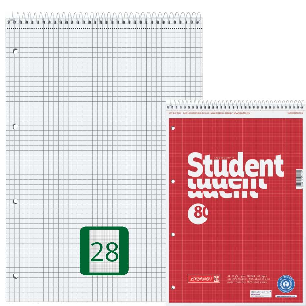 Collegeblock Recycling Kopfspirale, Lineatur 28, Brunnen