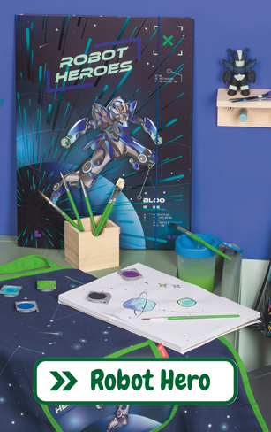 Robot-Hero Diverse Schulmaterialien mit Robot Hero Motiv