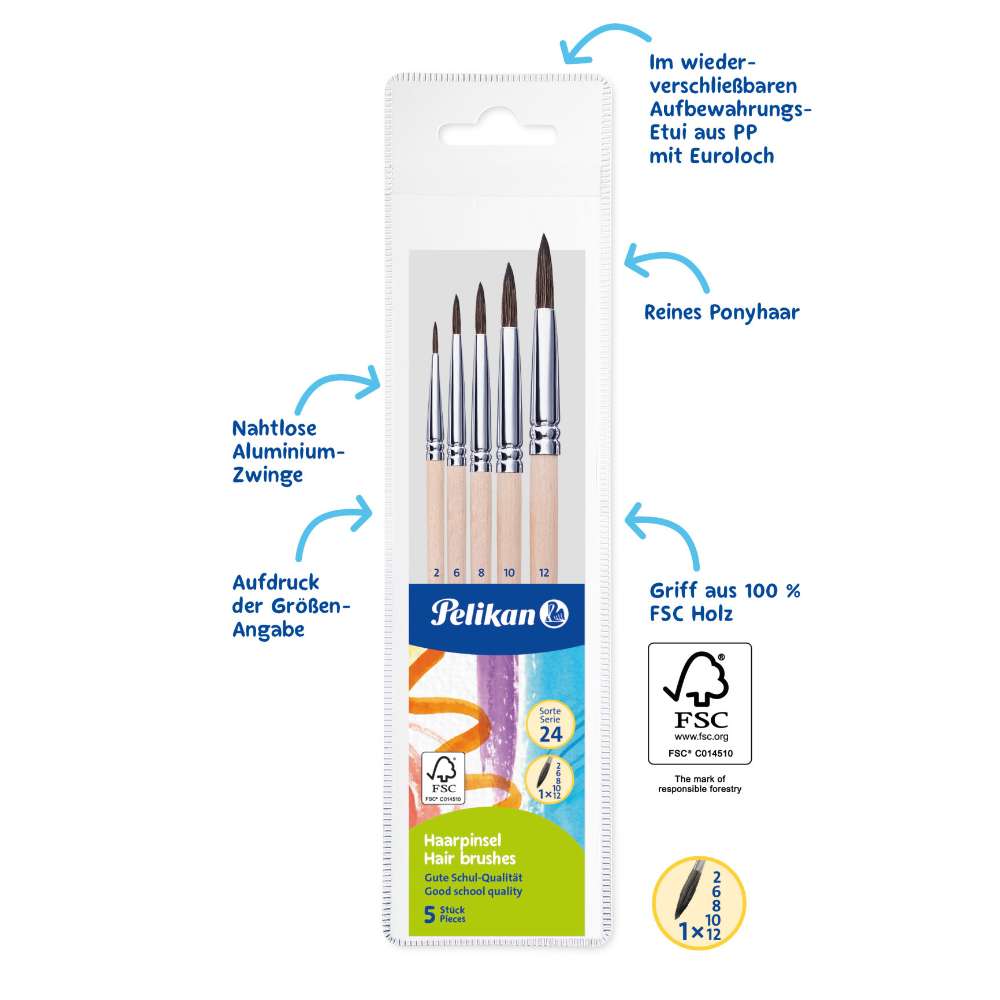 Pinselset Haarpinsel, 5 Stück (Stärke 2, 6, 8, 10, 12), Pelikan