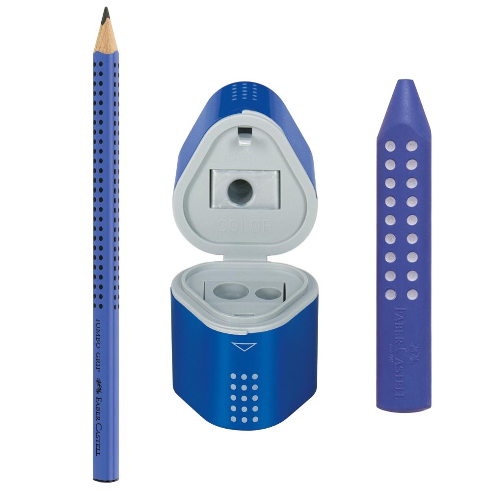 Jumbo Grip Set Faber-Castell, blau: Dicker Bleistift, Radierer, Spitzdose