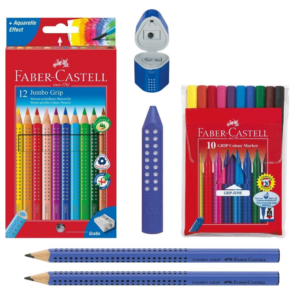 6-er Etui Faber-Castell Buntstift Colour-Grip Heft & Tafel Schiefertafel Stift 
