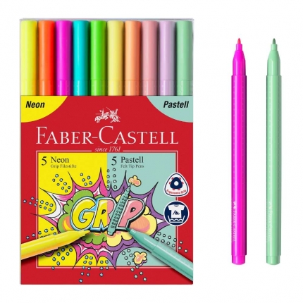 Faber-Castell Filzstifte Grip Neon + Pastell, 10er Etui