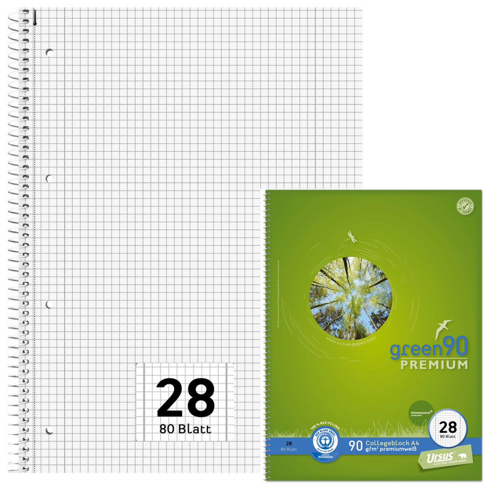 premiumweißes 70g/m² Recyclingpapier 9mm liniert 80 Blatt Staufen Green Collegeblock 4-fach Lochung DIN A4 1 Stück 